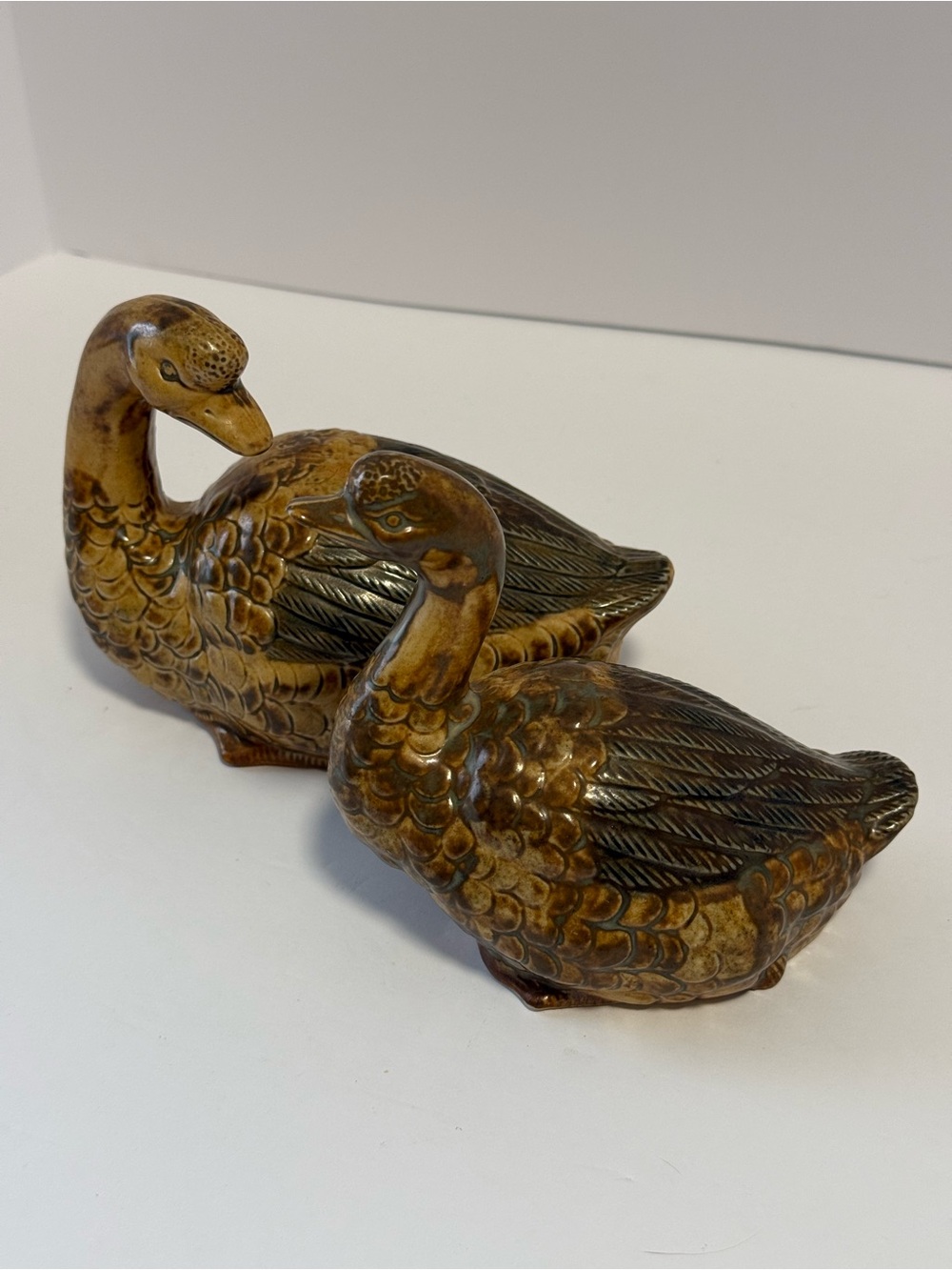 Vintage Pair Brown Glaze Ceramic Duck Goose Figurines